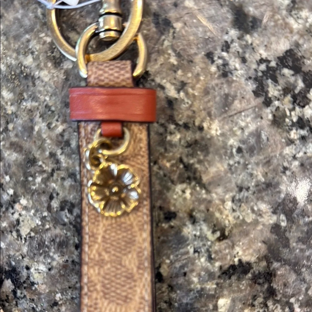 Coach Signature Charm Loop keychain key ring fob Brown and Gold tea rose NWT